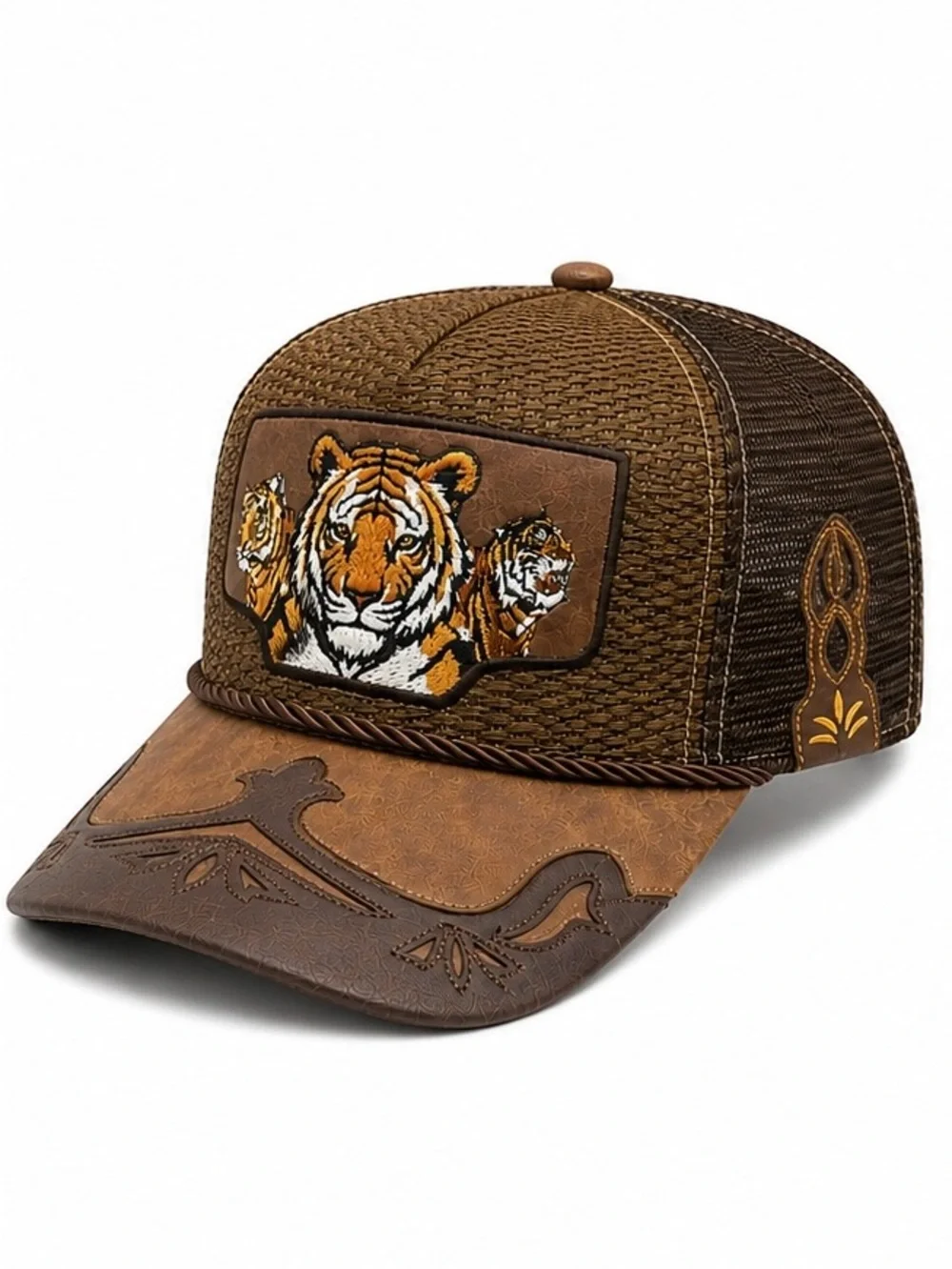 Brown Tiger Embroidered Trucker Cap - Men Grooming Accessory